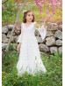 Bell Sleeve Ivory Polka Dot Lace Floor Length Flower Girl Dress